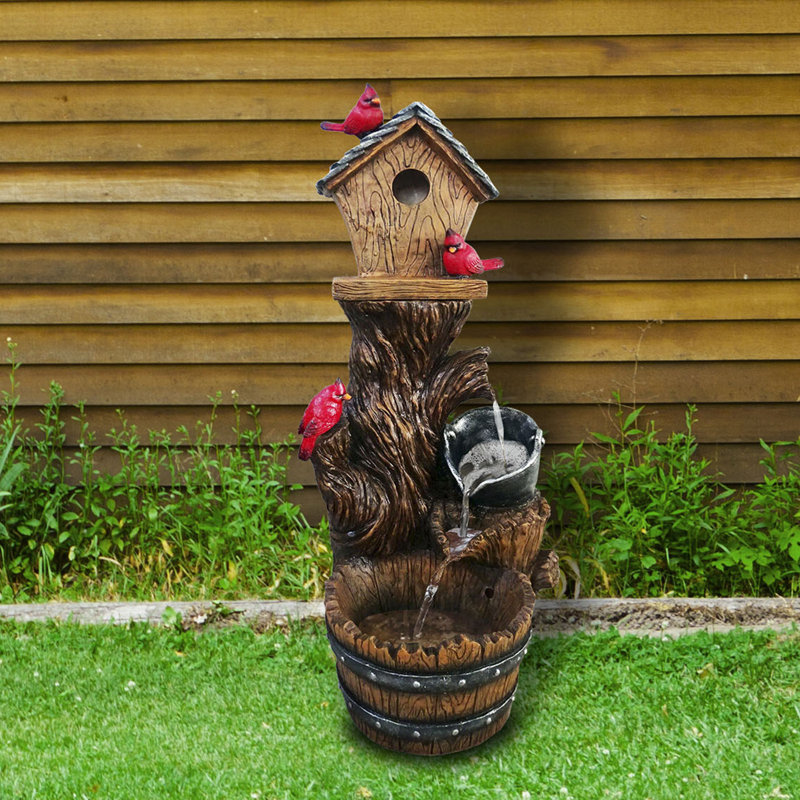 Alpine Resin Cardinal Birdhouse Cascading Barrel Fountain with Light